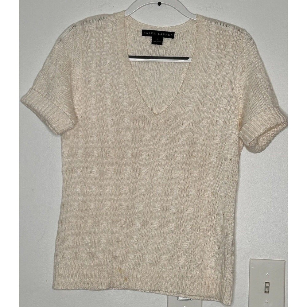 Ralph Lauren Black Label Linen Silk Knit Sweater Short Sleeve Ivory V-Neck Large